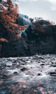 Preview wallpaper waterfall, river, cliff, water, stones, trees