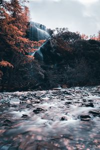 Preview wallpaper waterfall, river, cliff, water, stones, trees