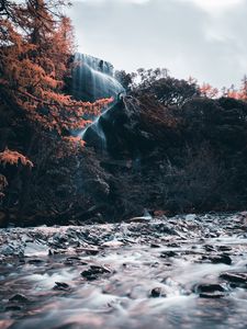 Preview wallpaper waterfall, river, cliff, water, stones, trees