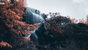 Preview wallpaper waterfall, river, cliff, water, stones, trees