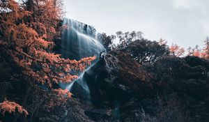 Preview wallpaper waterfall, river, cliff, water, stones, trees
