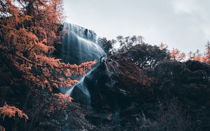 Preview wallpaper waterfall, river, cliff, water, stones, trees