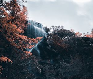 Preview wallpaper waterfall, river, cliff, water, stones, trees