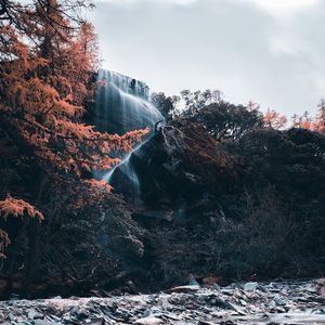 Preview wallpaper waterfall, river, cliff, water, stones, trees