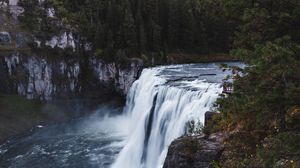 Preview wallpaper waterfall, river, cliff, trees, landscape