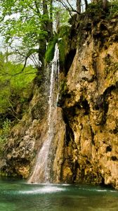 Preview wallpaper waterfall, river, currents, grass, stones, trees