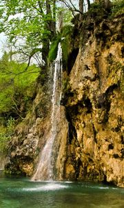 Preview wallpaper waterfall, river, currents, grass, stones, trees