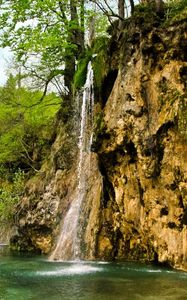 Preview wallpaper waterfall, river, currents, grass, stones, trees