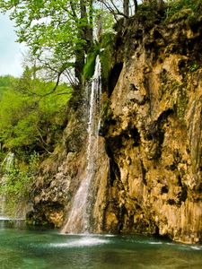 Preview wallpaper waterfall, river, currents, grass, stones, trees