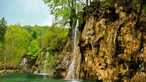 Preview wallpaper waterfall, river, currents, grass, stones, trees