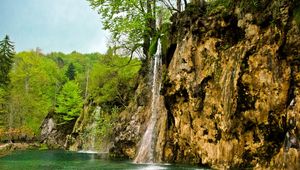 Preview wallpaper waterfall, river, currents, grass, stones, trees