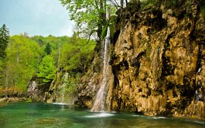 Preview wallpaper waterfall, river, currents, grass, stones, trees