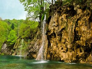 Preview wallpaper waterfall, river, currents, grass, stones, trees