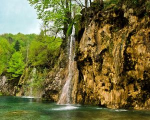 Preview wallpaper waterfall, river, currents, grass, stones, trees