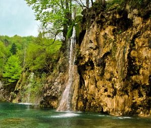 Preview wallpaper waterfall, river, currents, grass, stones, trees