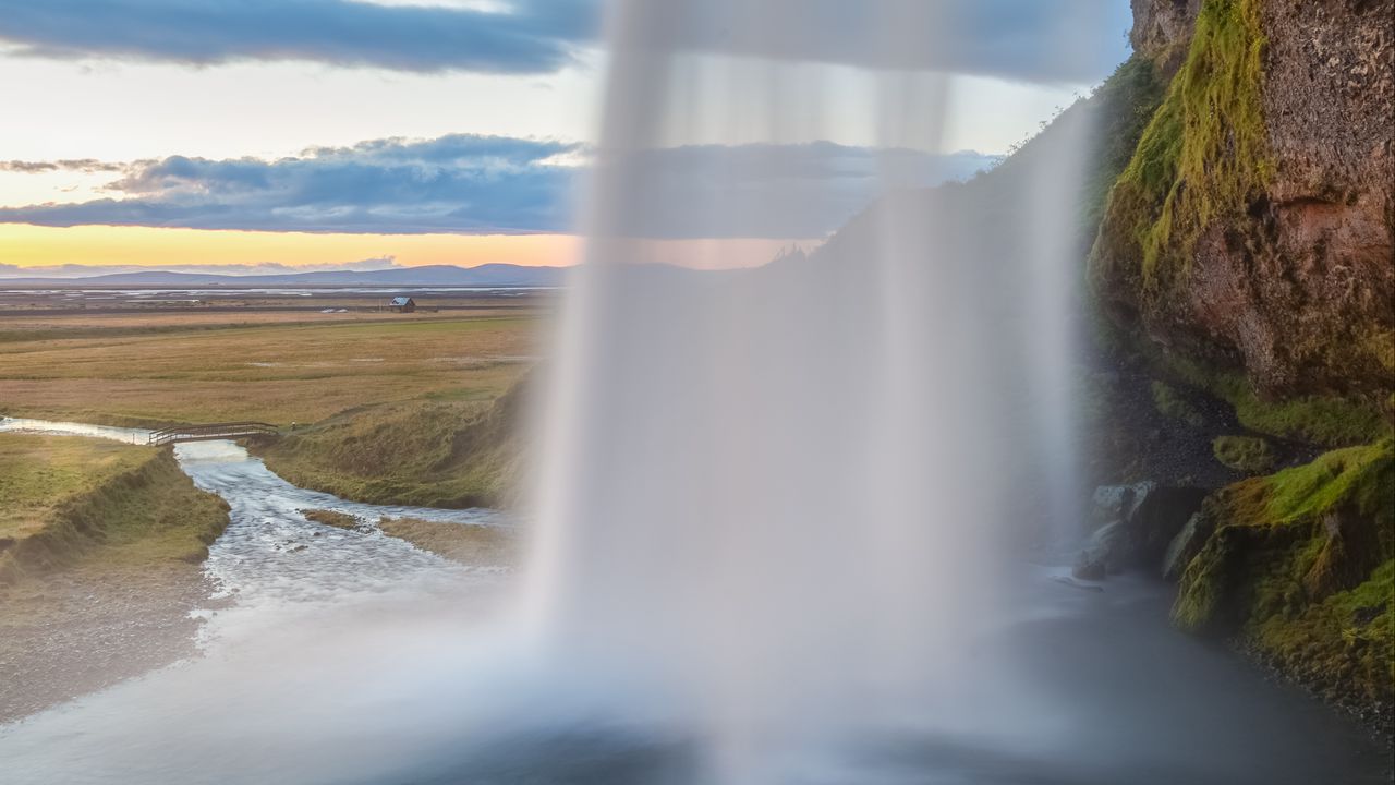 Wallpaper waterfall, river, field, sky