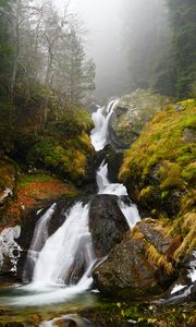Preview wallpaper waterfall, river, fog, rocks, water