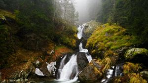 Preview wallpaper waterfall, river, fog, rocks, water