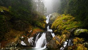 Preview wallpaper waterfall, river, fog, rocks, water