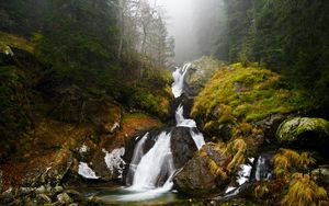 Preview wallpaper waterfall, river, fog, rocks, water