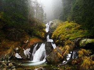 Preview wallpaper waterfall, river, fog, rocks, water