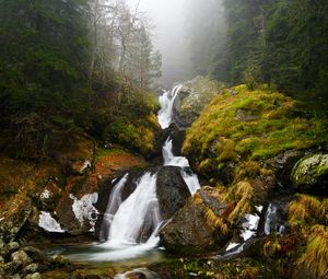 Preview wallpaper waterfall, river, fog, rocks, water