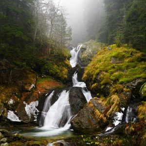 Preview wallpaper waterfall, river, fog, rocks, water