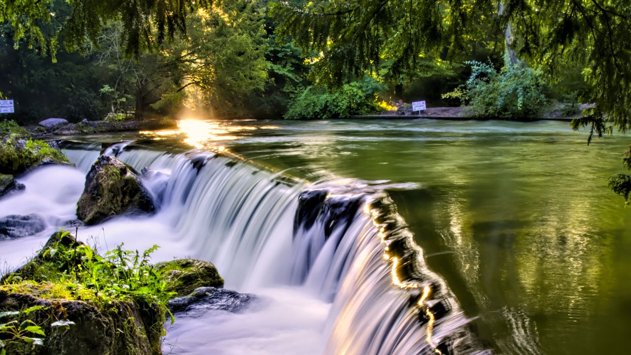 Wallpaper waterfall, river, landscape, sunrise