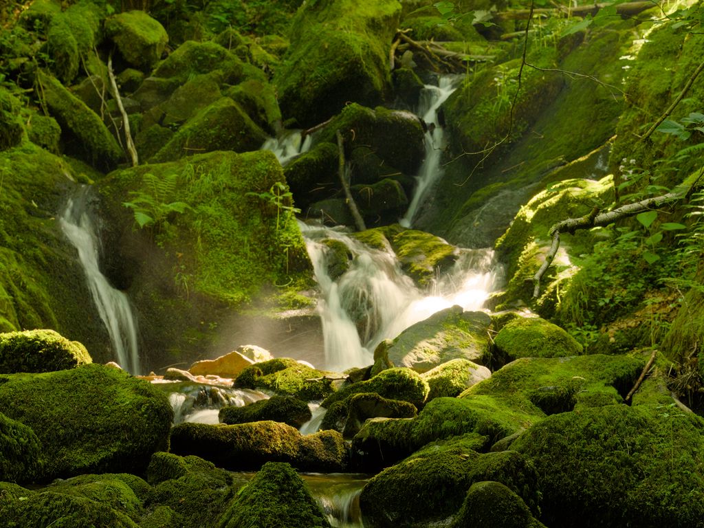 1024x768 Wallpaper waterfall, river, moss, stones, nature