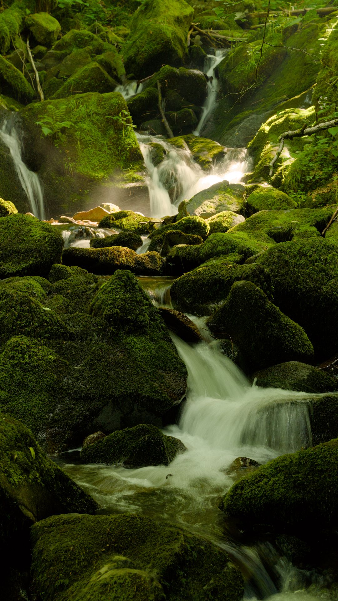 1080x1920 Wallpaper waterfall, river, moss, stones, nature