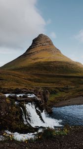 Preview wallpaper waterfall, river, mountain, hill, rocks