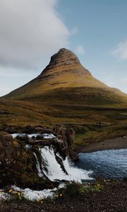 Preview wallpaper waterfall, river, mountain, hill, rocks