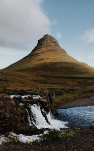 Preview wallpaper waterfall, river, mountain, hill, rocks