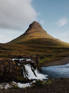 Preview wallpaper waterfall, river, mountain, hill, rocks