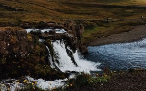 Preview wallpaper waterfall, river, mountain, hill, rocks