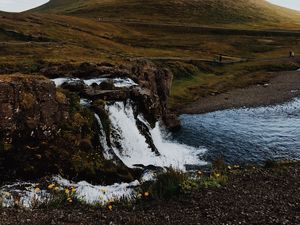 Preview wallpaper waterfall, river, mountain, hill, rocks