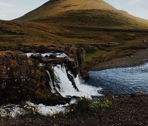 Preview wallpaper waterfall, river, mountain, hill, rocks