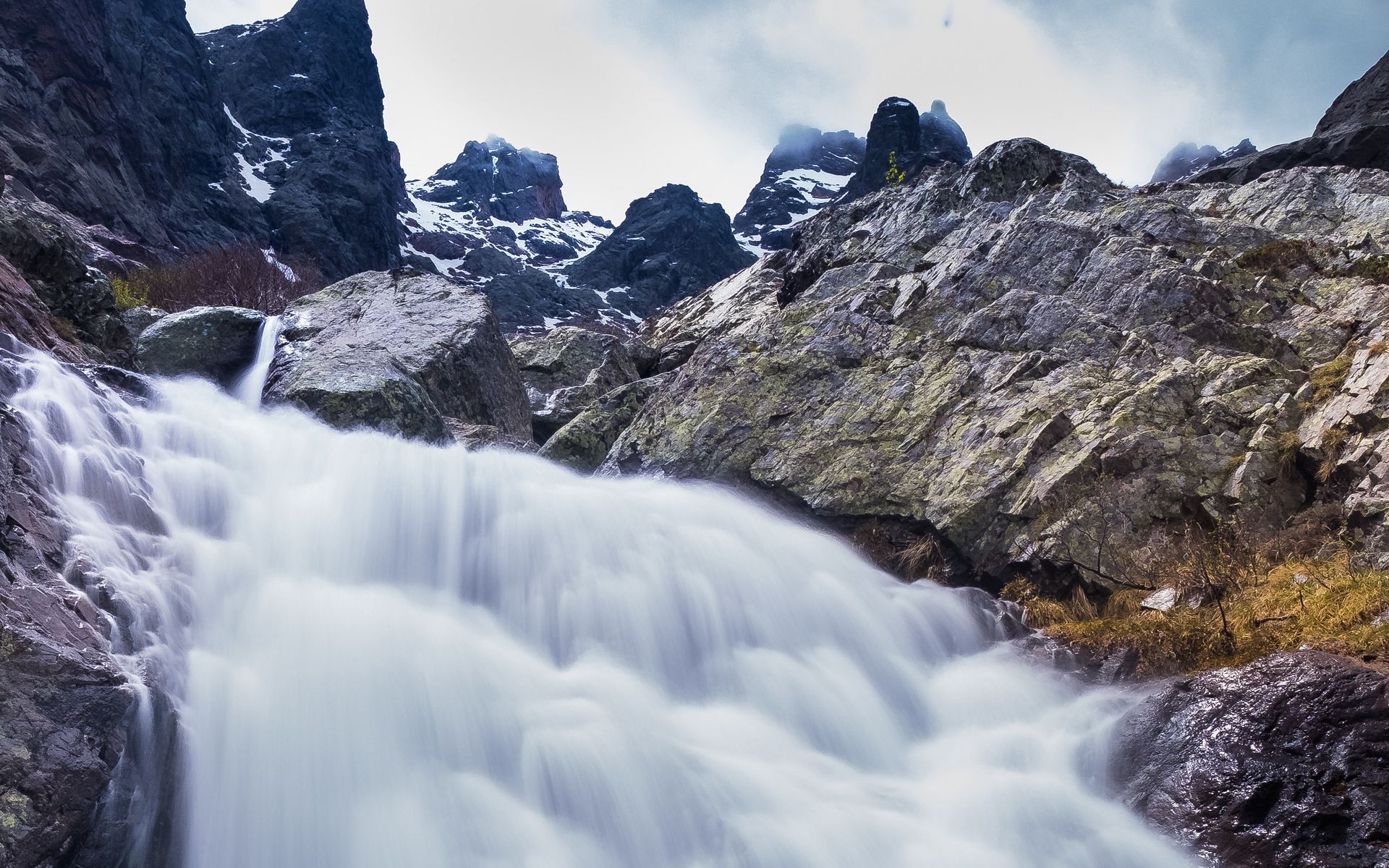 Download wallpaper 1920x1200 waterfall, river, mountains, rocks, stones