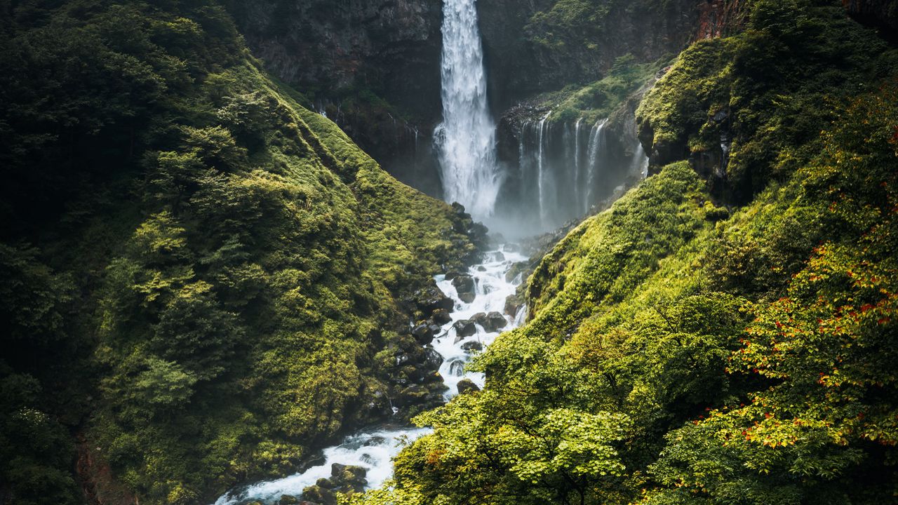 Wallpaper waterfall, river, mountains, bushes, greenery, landscape
