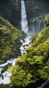 Preview wallpaper waterfall, river, mountains, bushes, greenery, landscape