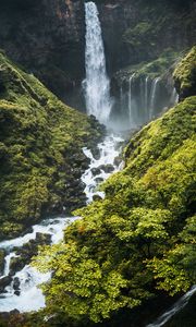 Preview wallpaper waterfall, river, mountains, bushes, greenery, landscape