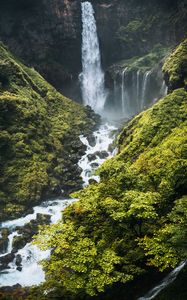 Preview wallpaper waterfall, river, mountains, bushes, greenery, landscape