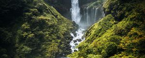 Preview wallpaper waterfall, river, mountains, bushes, greenery, landscape