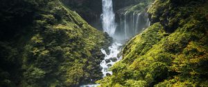 Preview wallpaper waterfall, river, mountains, bushes, greenery, landscape