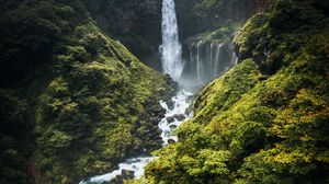 Preview wallpaper waterfall, river, mountains, bushes, greenery, landscape