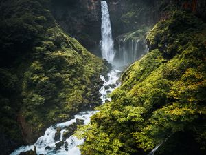 Preview wallpaper waterfall, river, mountains, bushes, greenery, landscape