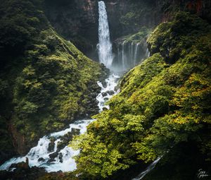 Preview wallpaper waterfall, river, mountains, bushes, greenery, landscape