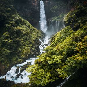 Preview wallpaper waterfall, river, mountains, bushes, greenery, landscape