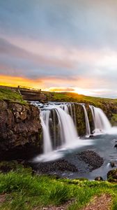 Preview wallpaper waterfall, river, nature, sunset