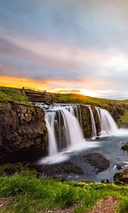 Preview wallpaper waterfall, river, nature, sunset